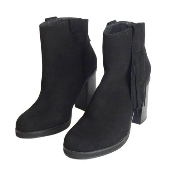 Black suede chunky ankle boots with fringe tassels made in Spain size 10 - Picture 2 of 11